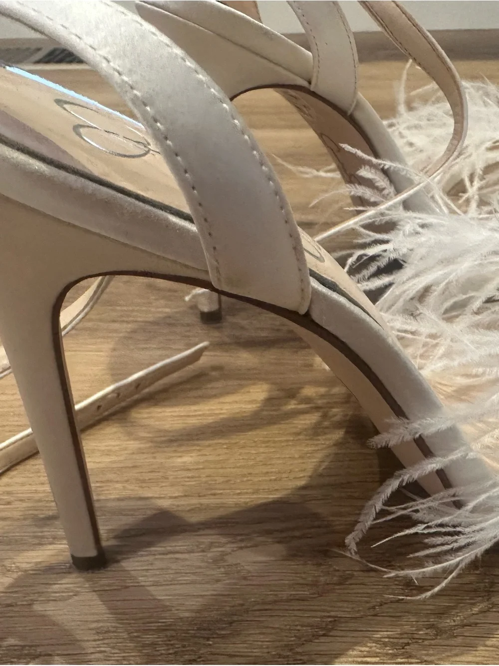 Jessica Simpson Ivory White Satin Feather Ankle Strap Stiletto Heels 10M